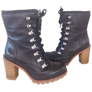 Ugg Fabrice Black Leather Rubber Heeled Lace Up Combat Boots Size 7.5